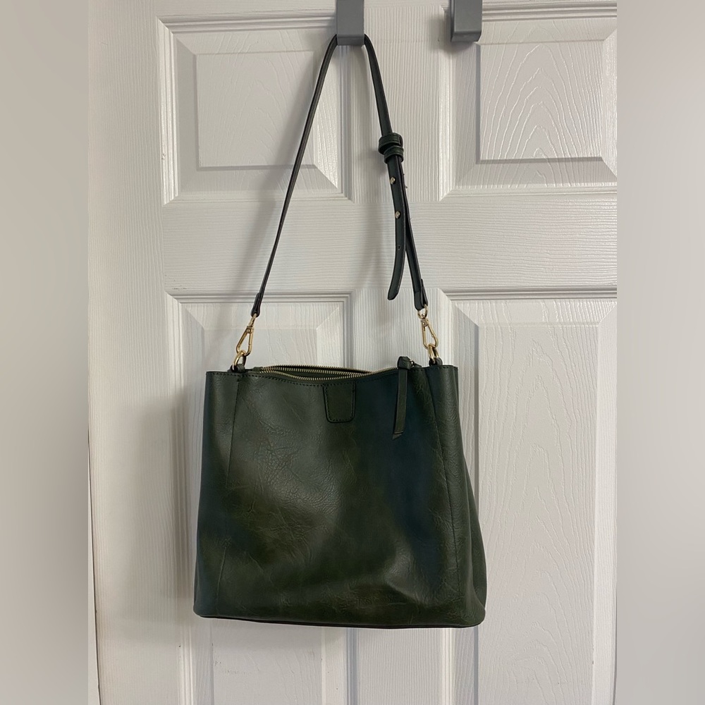 Minimalist Dark Green Leather Shoulder Bag
